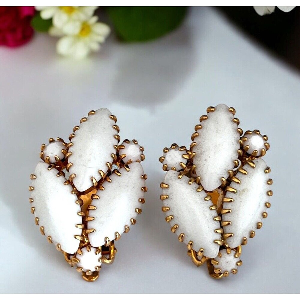 Vintage 1960s Milk Glass Navette Rhinestone Earrings Gold Tone Clip - 8O